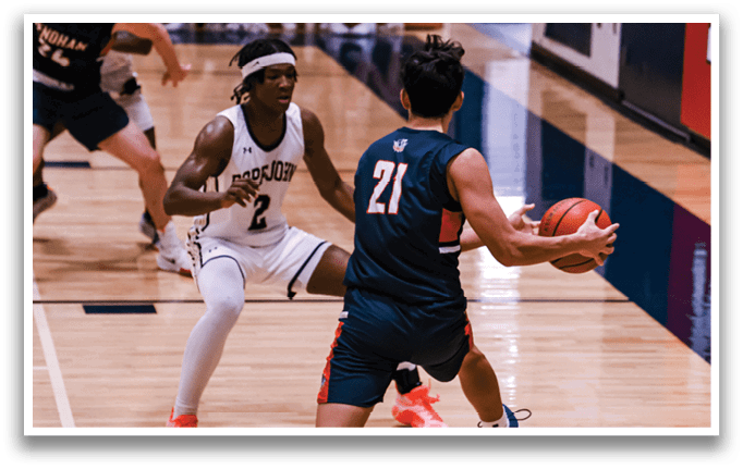 Two basketball players are running on the court, one with a basketball in his hand. AI generated content