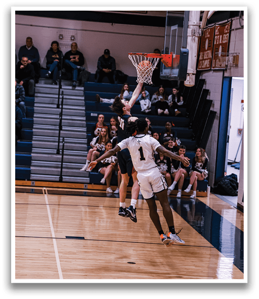 Two basketball players are competing for a rebound. AI generated content