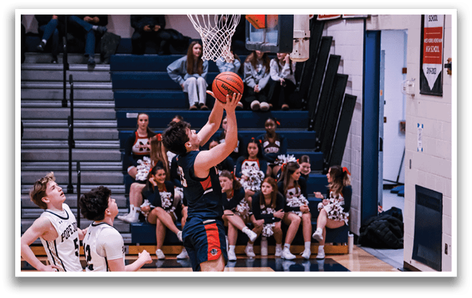 A basketball player is jumping in the air to shoot the ball. AI generated content