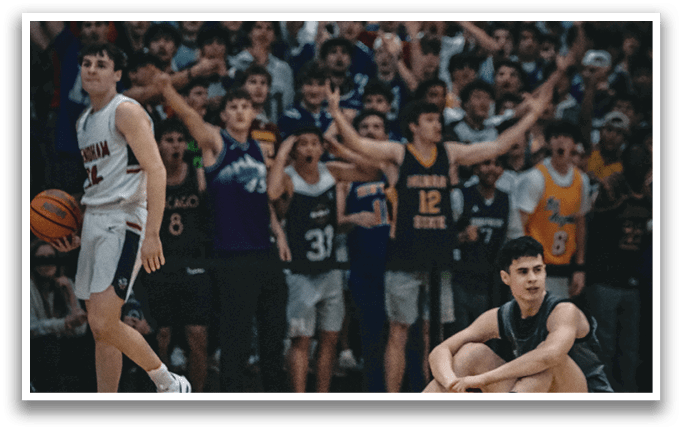 A basketball player is dribbling the ball while a referee watches. AI generated content