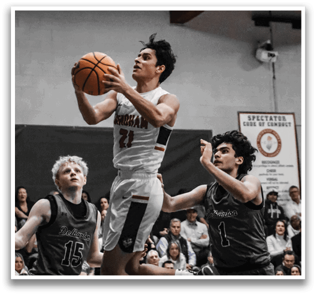 A basketball player leaps in the air to grab the ball. AI generated content