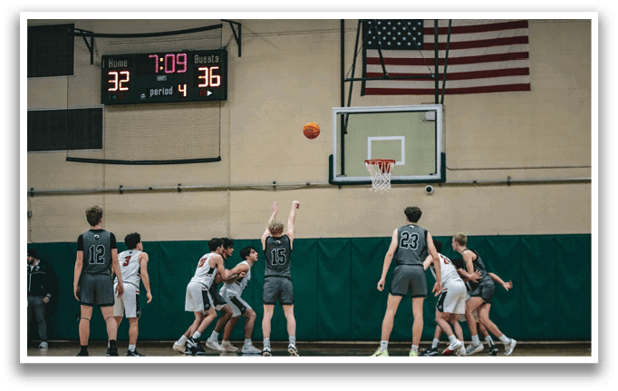 A group of men playing basketball on a court. AI generated content