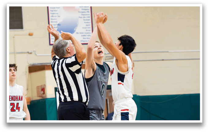 Two men are playing basketball, one of them is trying to block the other's shot. AI generated content