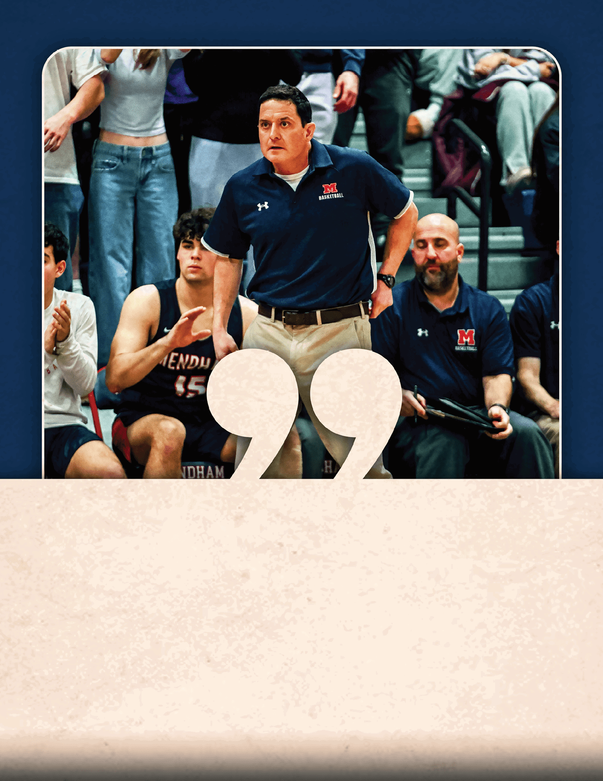 A man is standing on a basketball court, wearing a blue shirt and jeans. He is holding a clipboard and appears to be a coach. There are several other people in the scene, including a man sitting on a bench and another man standing nearby. A sports ball is visible on the court. AI generated content