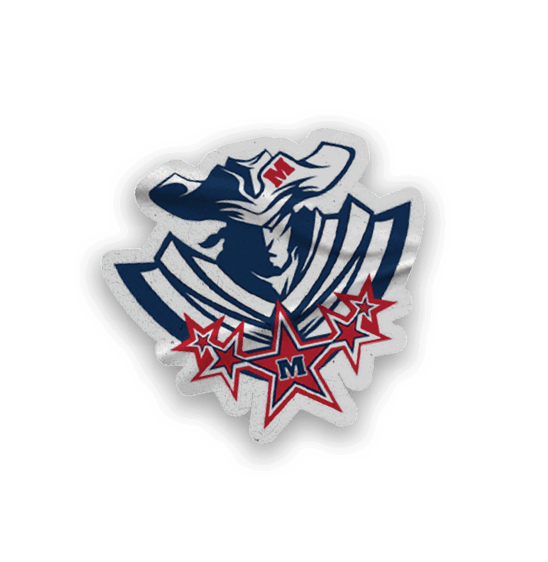 A collection of six different logo stickers, including a red and blue one, are displayed in a row. AI generated content