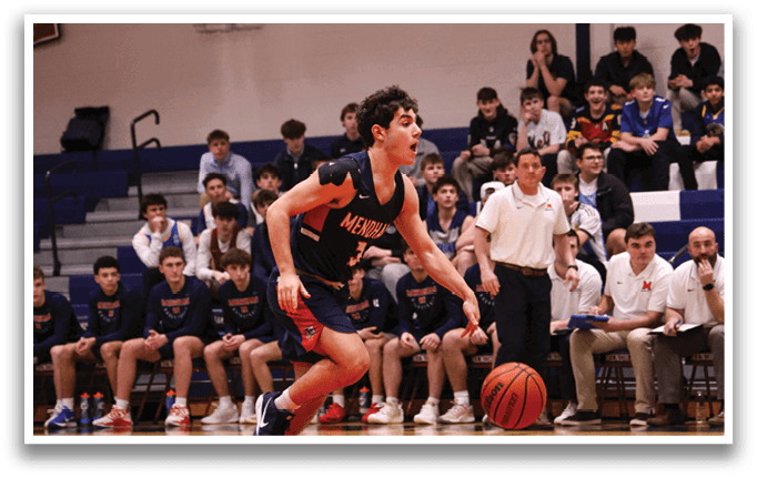 A basketball player is running with the ball on the court. AI generated content