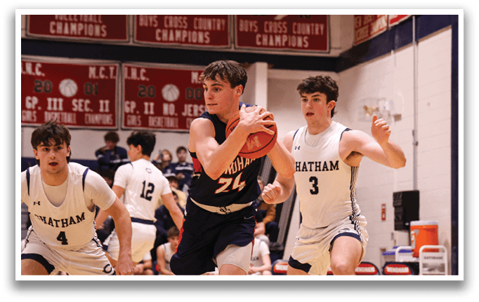 Two basketball players from different teams are running for the ball. AI generated content