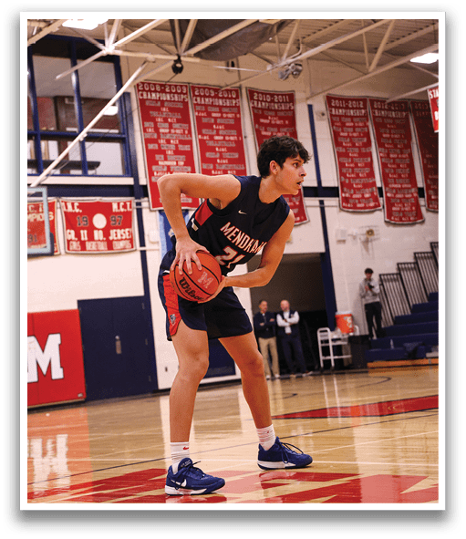 A basketball player in a blue uniform holding a basketball on a court. AI generated content