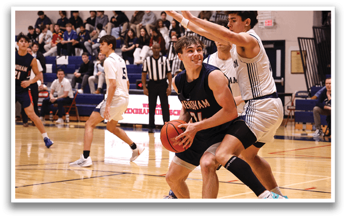 Two basketball players are fighting for the ball on the court. AI generated content