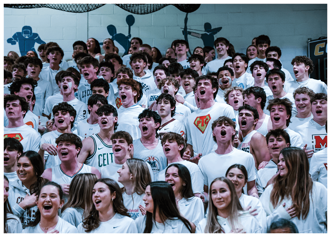 A large group of people are sitting in the bleachers, wearing white shirts. They are all yelling and cheering, possibly at a sports event. AI generated content