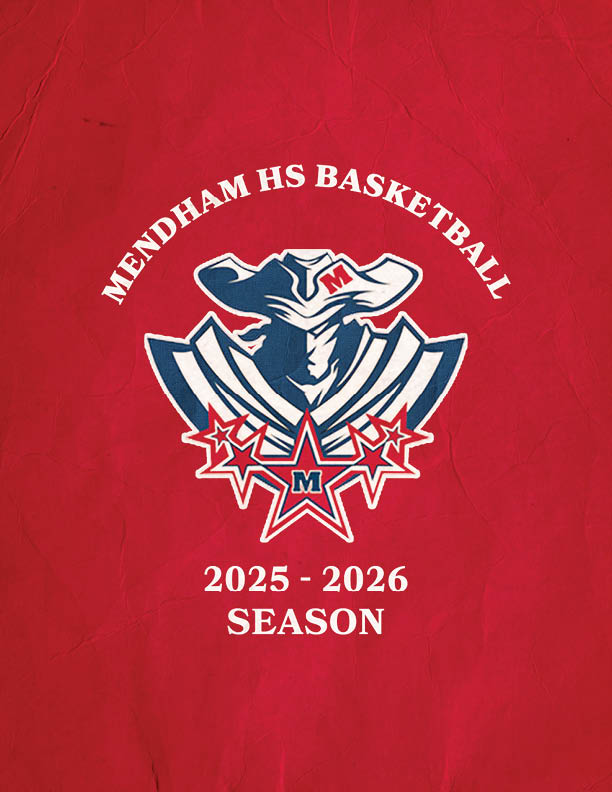 A red banner with a logo for Mendham High School Basketball. AI generated content