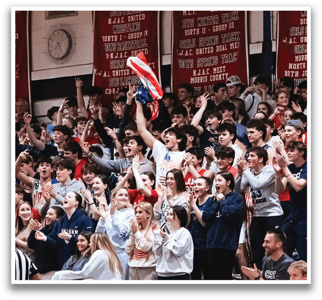 A crowd of people are in a stadium, watching a game. A man is holding up a red, white, and blue flag. AI generated content