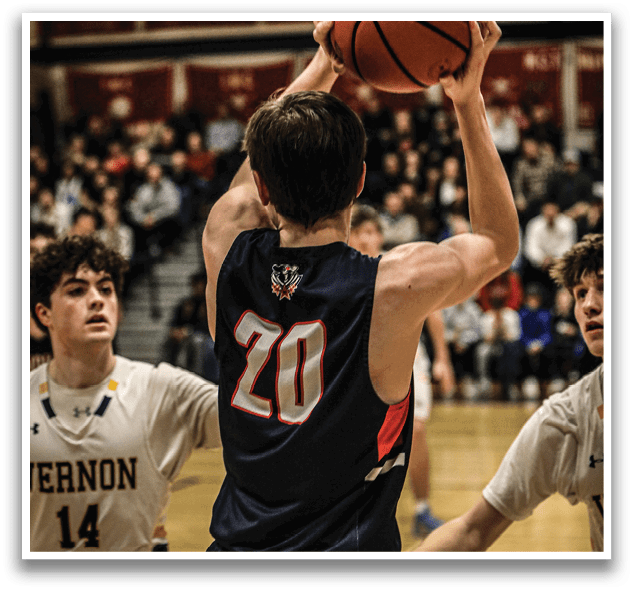 A basketball player wearing a blue and red jersey with the number 20 shoots the ball. AI generated content