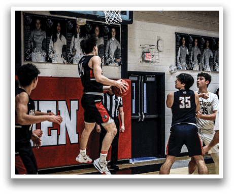 A basketball player is jumping in the air to shoot a basket. AI generated content