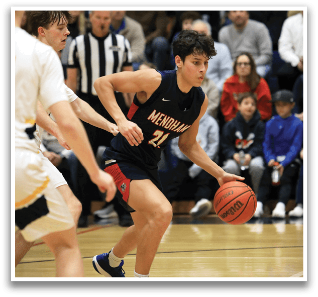 A basketball player wearing a blue and red uniform is running with a basketball in his hand. AI generated content