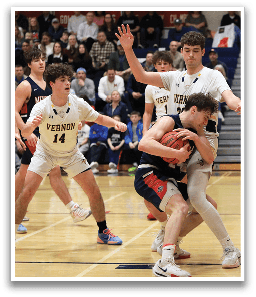 Two basketball players from the same team are fighting for control of the ball during a game. AI generated content