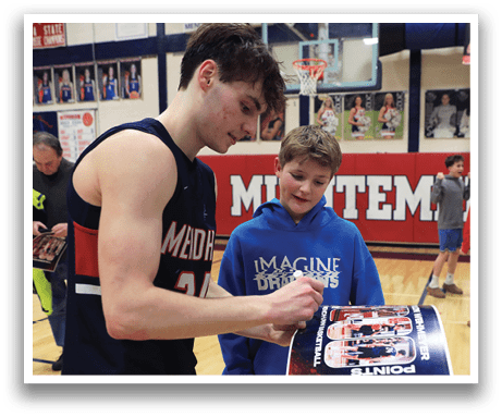 A basketball player in a jersey signing autographs for a young boy. AI generated content