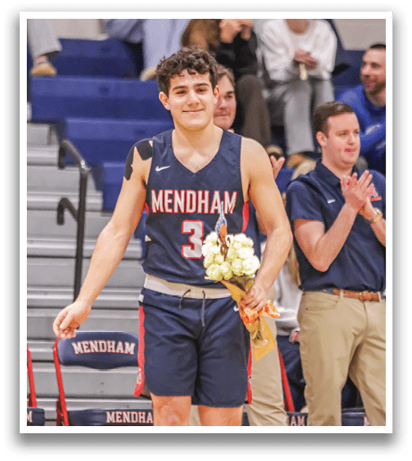 A basketball player wearing a number 3 jersey carries a bouquet of flowers while walking on the court. AI generated content