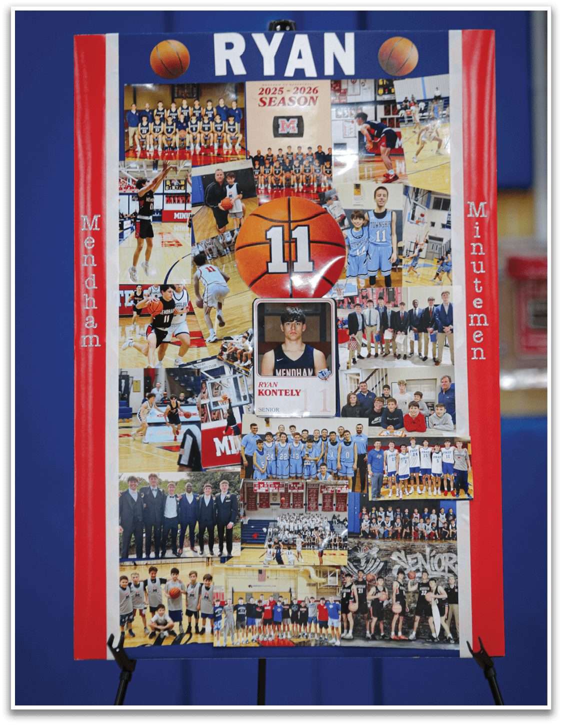 A red, white, and blue display featuring a basketball player named Ryan. AI generated content