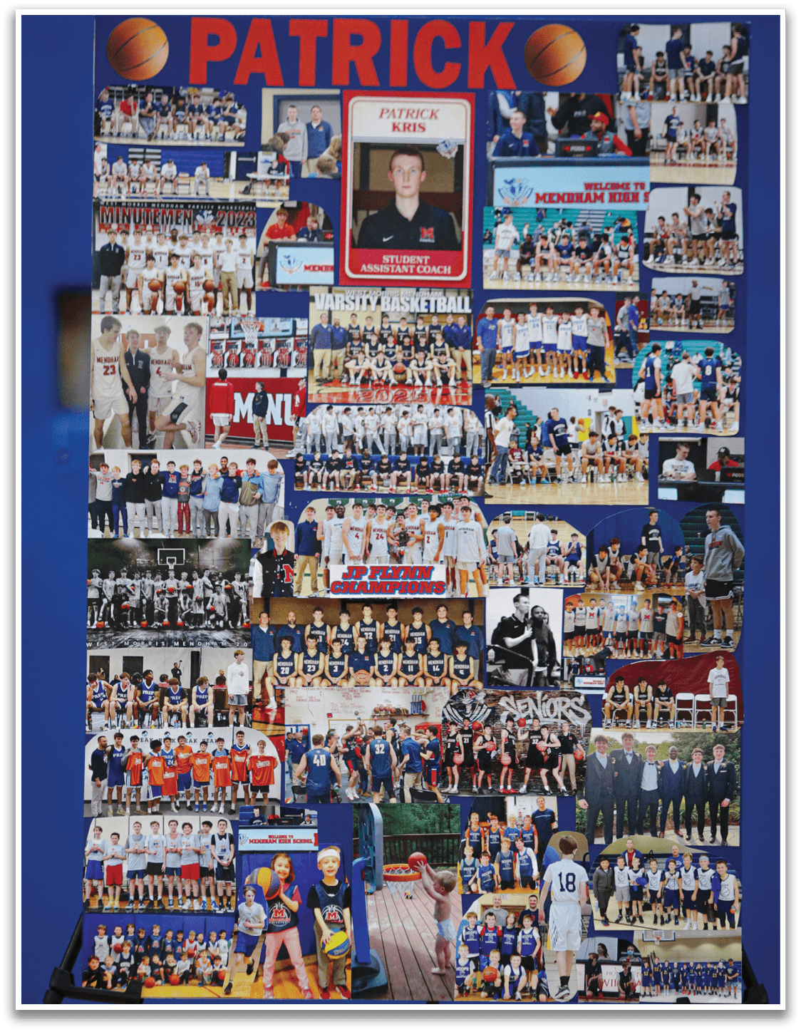 A collage of photos featuring a man named Patrick is displayed on a blue wall. The photos include a variety of people and sports, such as basketball and volleyball. AI generated content