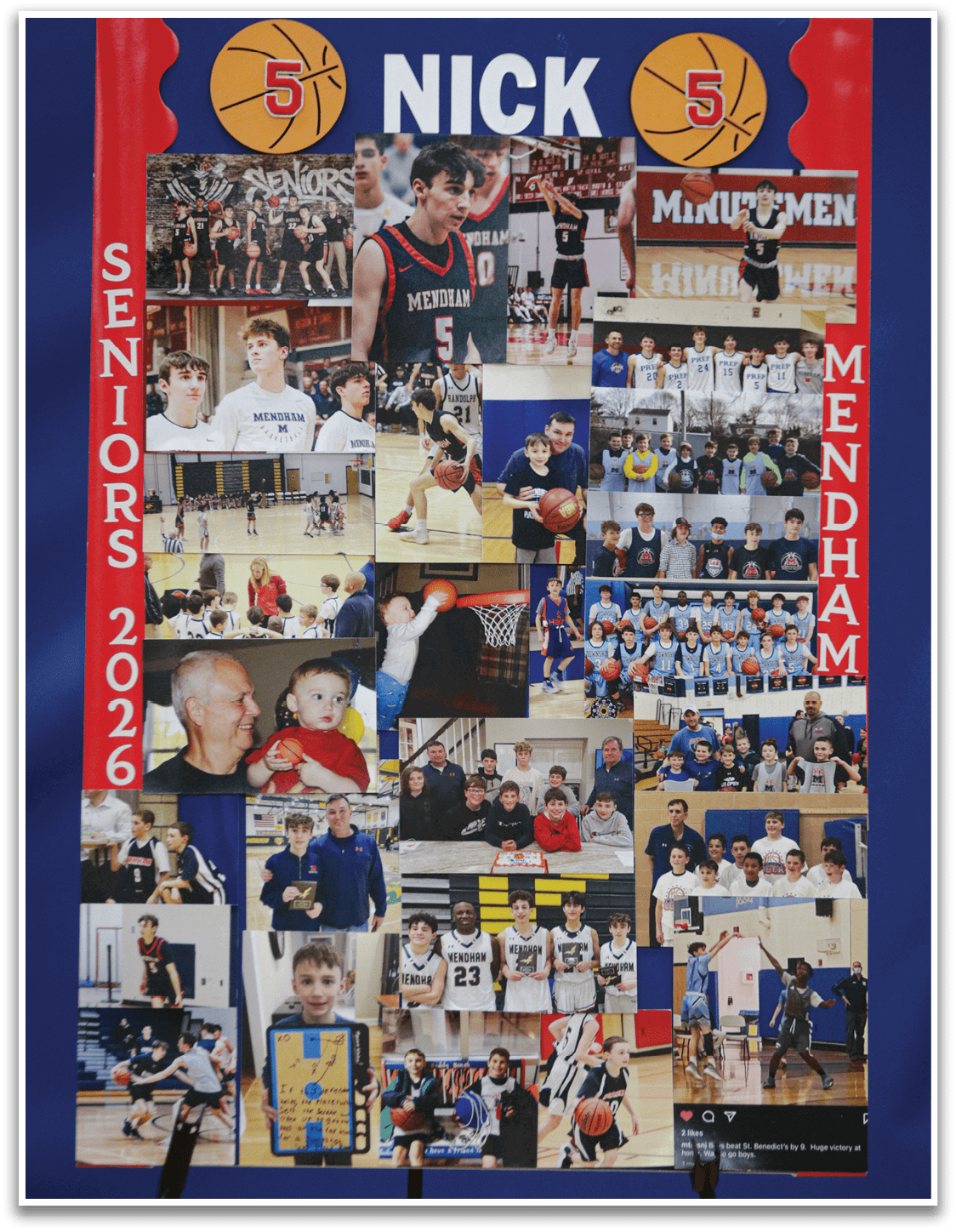 A collage of photos featuring a man named Nick, who is a basketball player, is displayed on a blue background. The photos showcase various moments in Nick's life, including his time on the basketball court. AI generated content