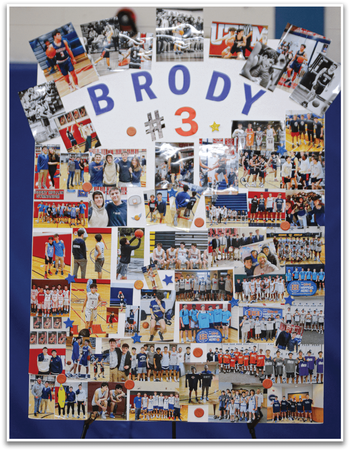 A display of photos and memorabilia of a basketball player named Brody. AI generated content