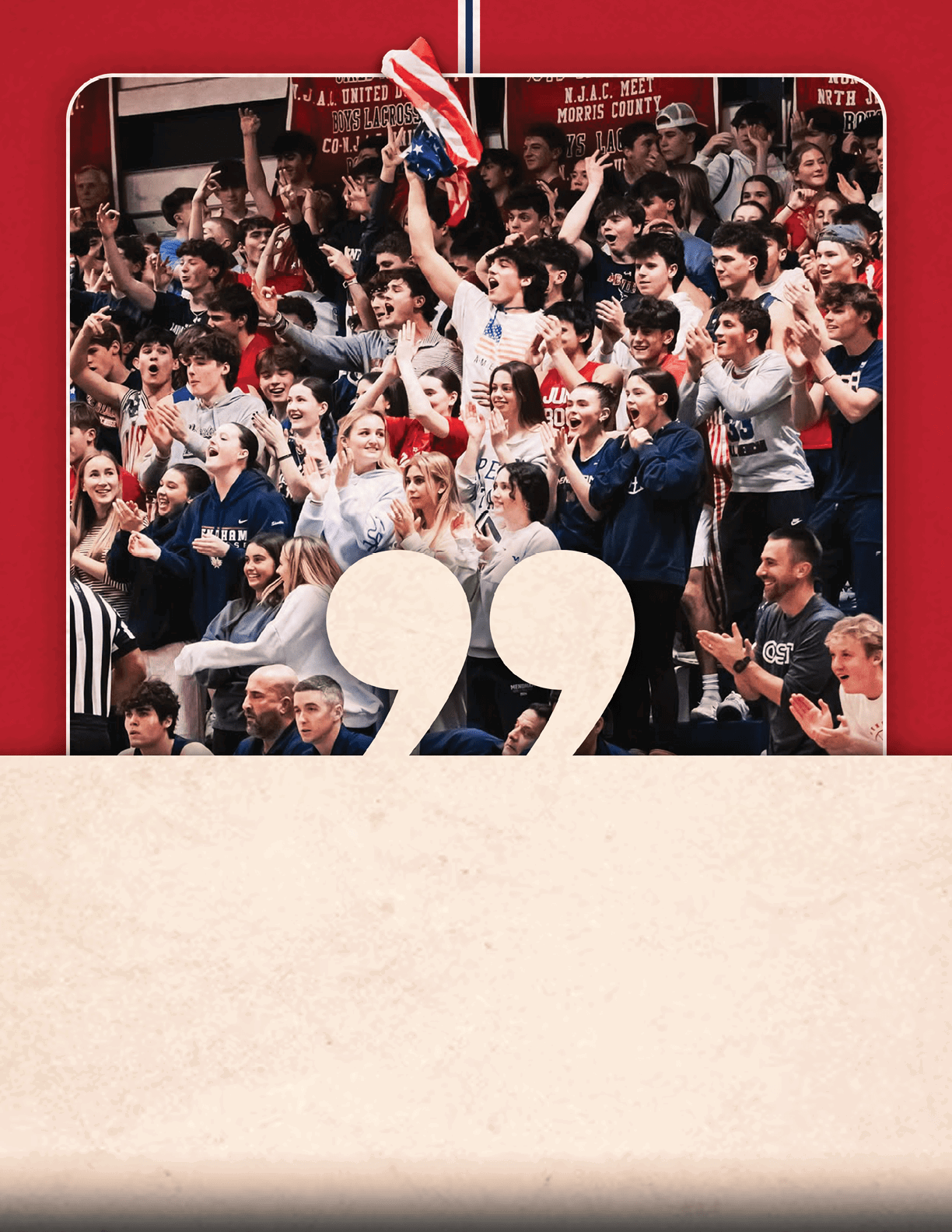 A crowd of people are watching a basketball game, with a man holding a flag and a banner. AI generated content