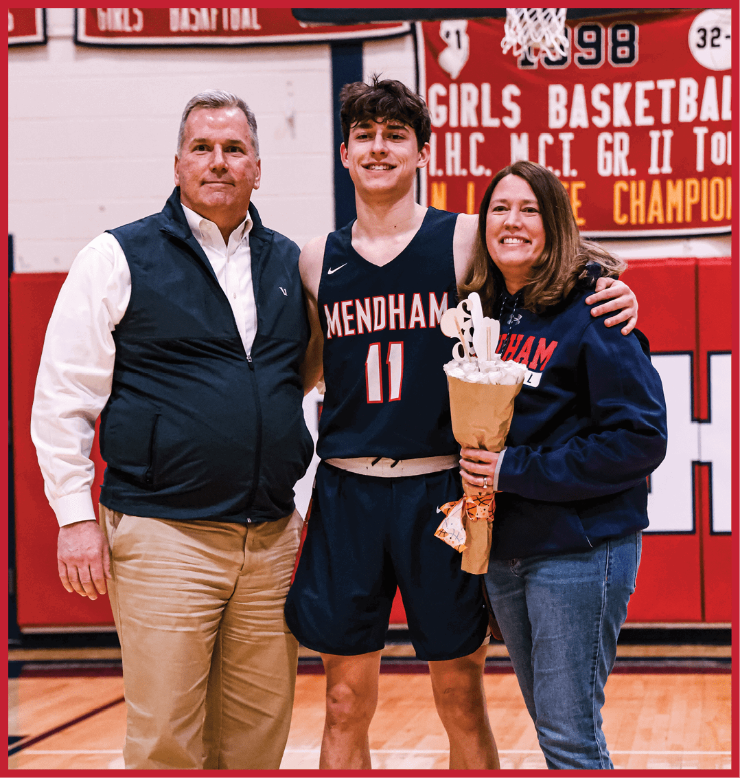 A man and woman pose with a basketball player in a gym. AI generated content