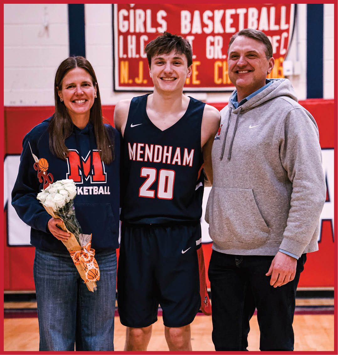 A man and woman pose with a basketball player in a gym. AI generated content