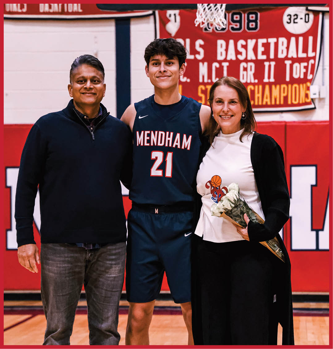 A man and woman pose with a basketball player in front of a banner. AI generated content