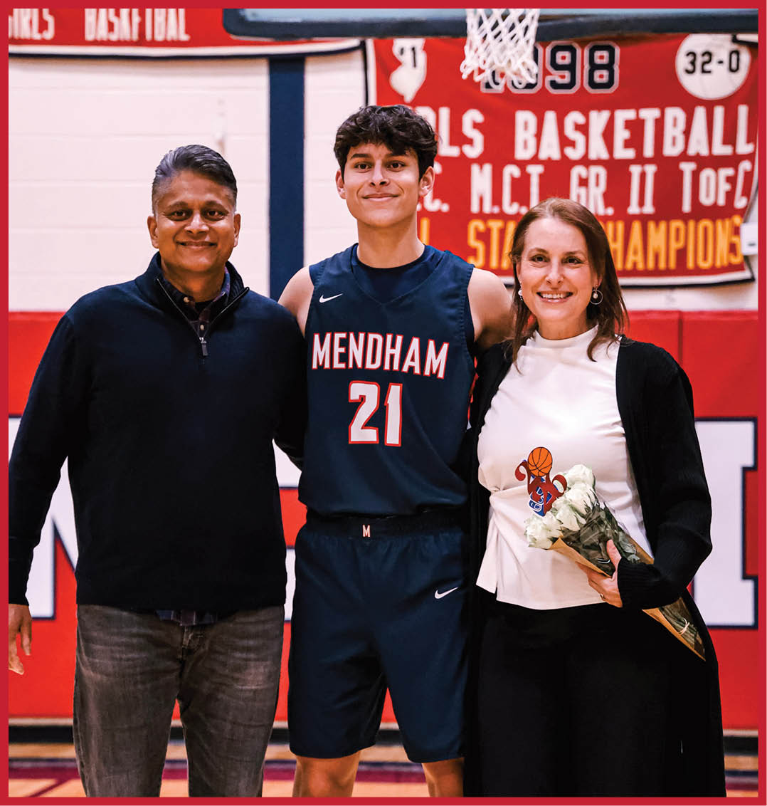 A man and woman pose with a basketball player in front of a hoop. AI generated content