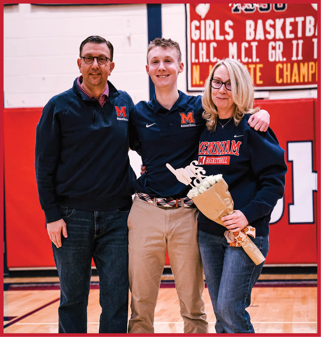 A man and woman pose with a boy in a gym. The woman is holding a bouquet. AI generated content