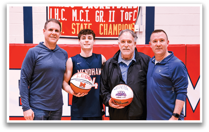 Four people are standing on a basketball court, holding basketballs. AI generated content