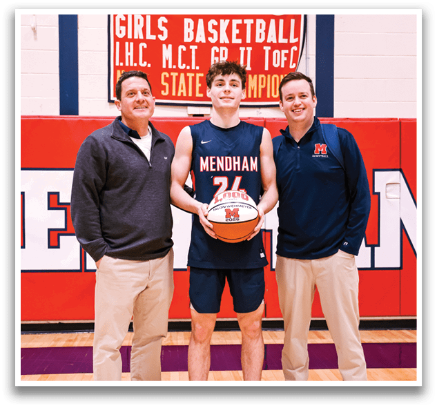 Three men are standing in front of a banner. One of them is holding a basketball. AI generated content