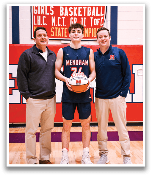 Three men are standing in front of a sign, with one of them holding a basketball. AI generated content