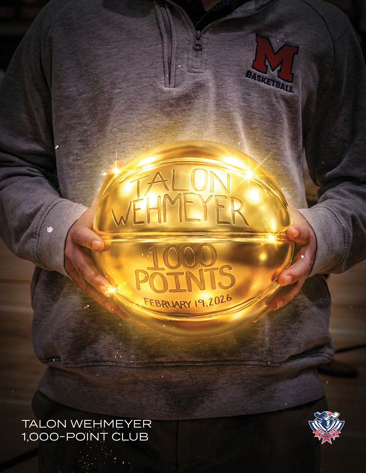 A man is holding a basketball with the words “Talon Wehmeyer 1000 Point Club" written on it. AI generated content
