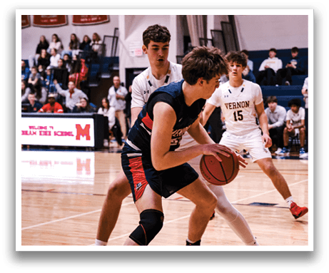 Two basketball players on a court, one holding a basketball. AI generated content