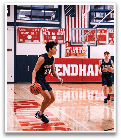 Two basketball players on a court, one holding a basketball. AI generated content