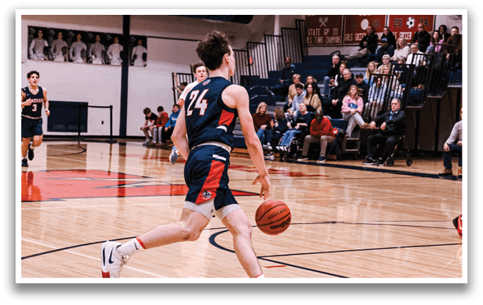 A basketball player is running with a ball in his hand. AI generated content