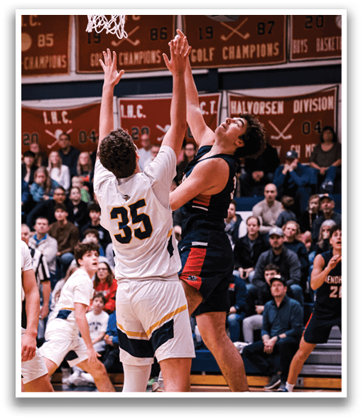 Two basketball players are fighting for the ball, with one player jumping in the air to gain possession. The game is being played in a gymnasium with several spectators watching. AI generated content