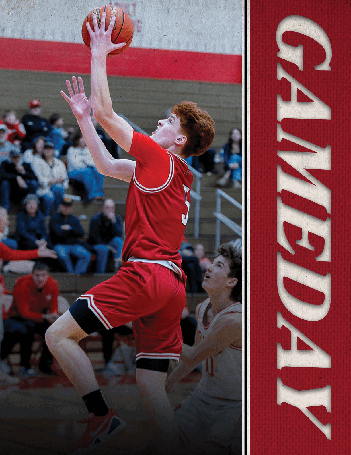 A basketball player in a red jersey is jumping to catch a basketball. AI generated content