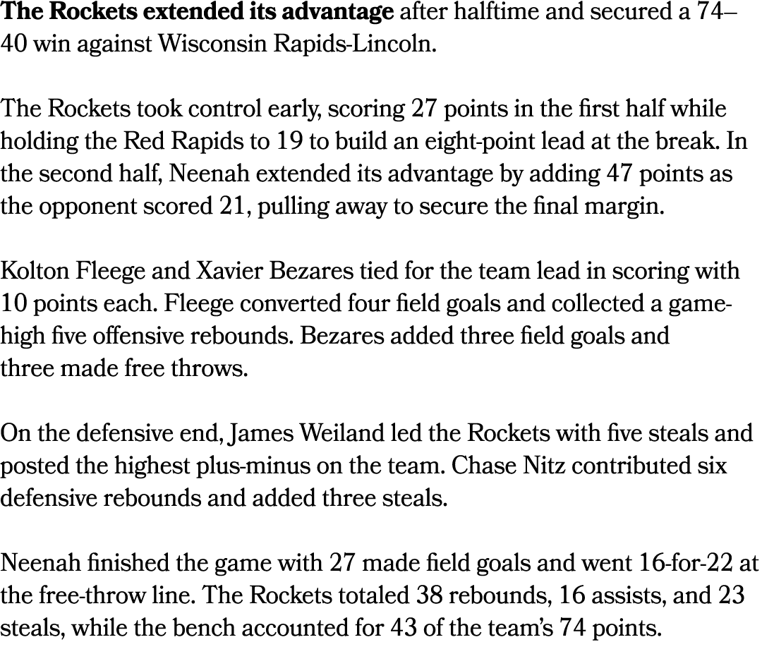 The Rockets extended its advantage after halftime and secured a 74–40 win against Wisconsin Rapids Lincoln. The Rocke...