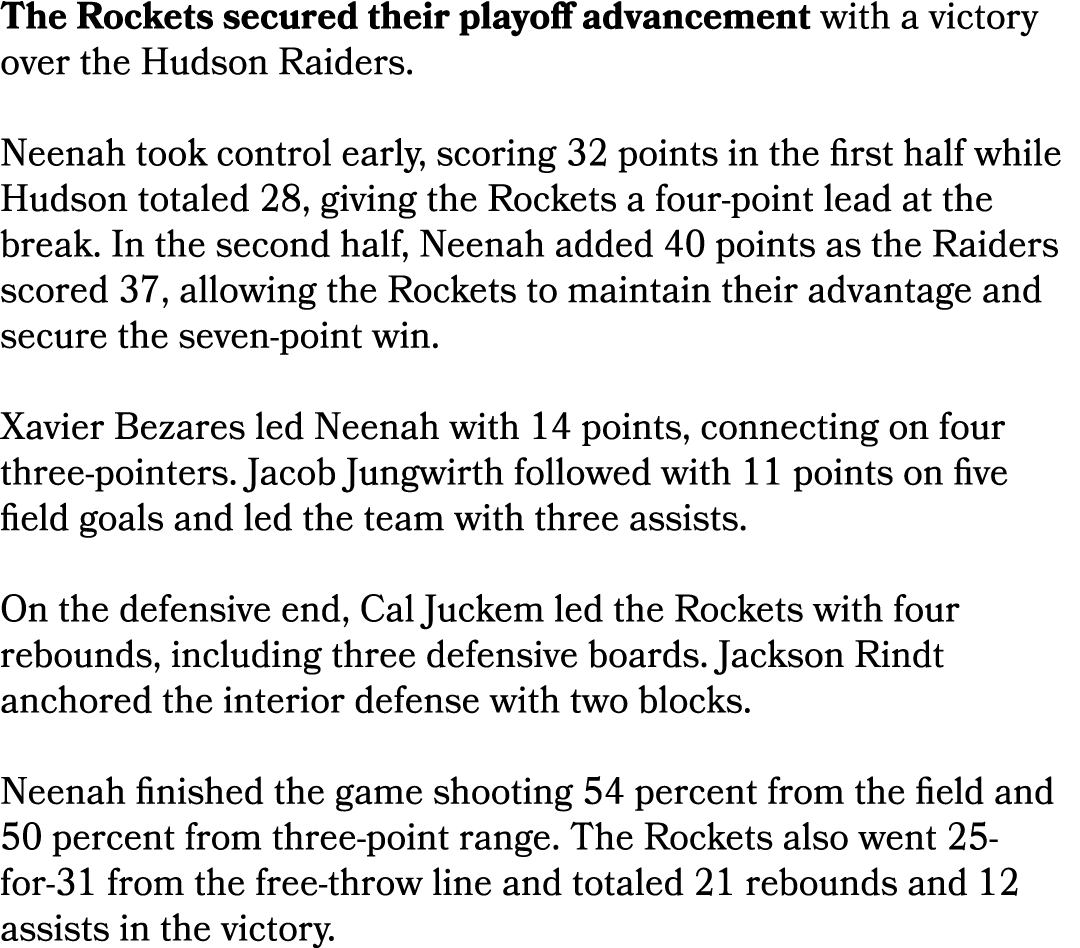 The Rockets secured their playoff advancement with a victory over the Hudson Raiders. Neenah took control early, scor...