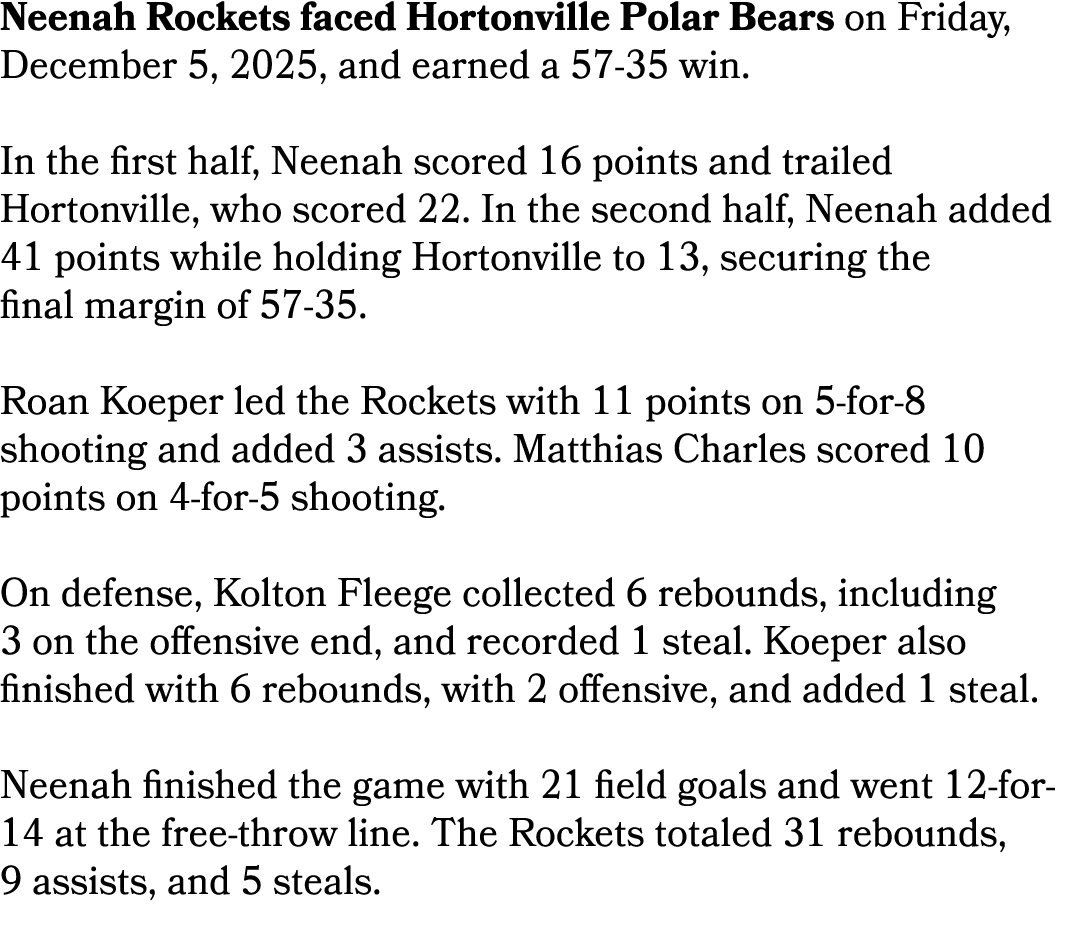 Neenah Rockets faced Hortonville Polar Bears on Friday, December 5, 2025, and earned a 57 35 win. In the first half, ...