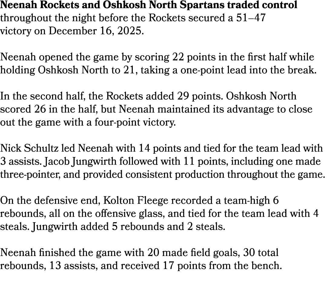 Neenah Rockets and Oshkosh North Spartans traded control throughout the night before the Rockets secured a 51–47 vict...