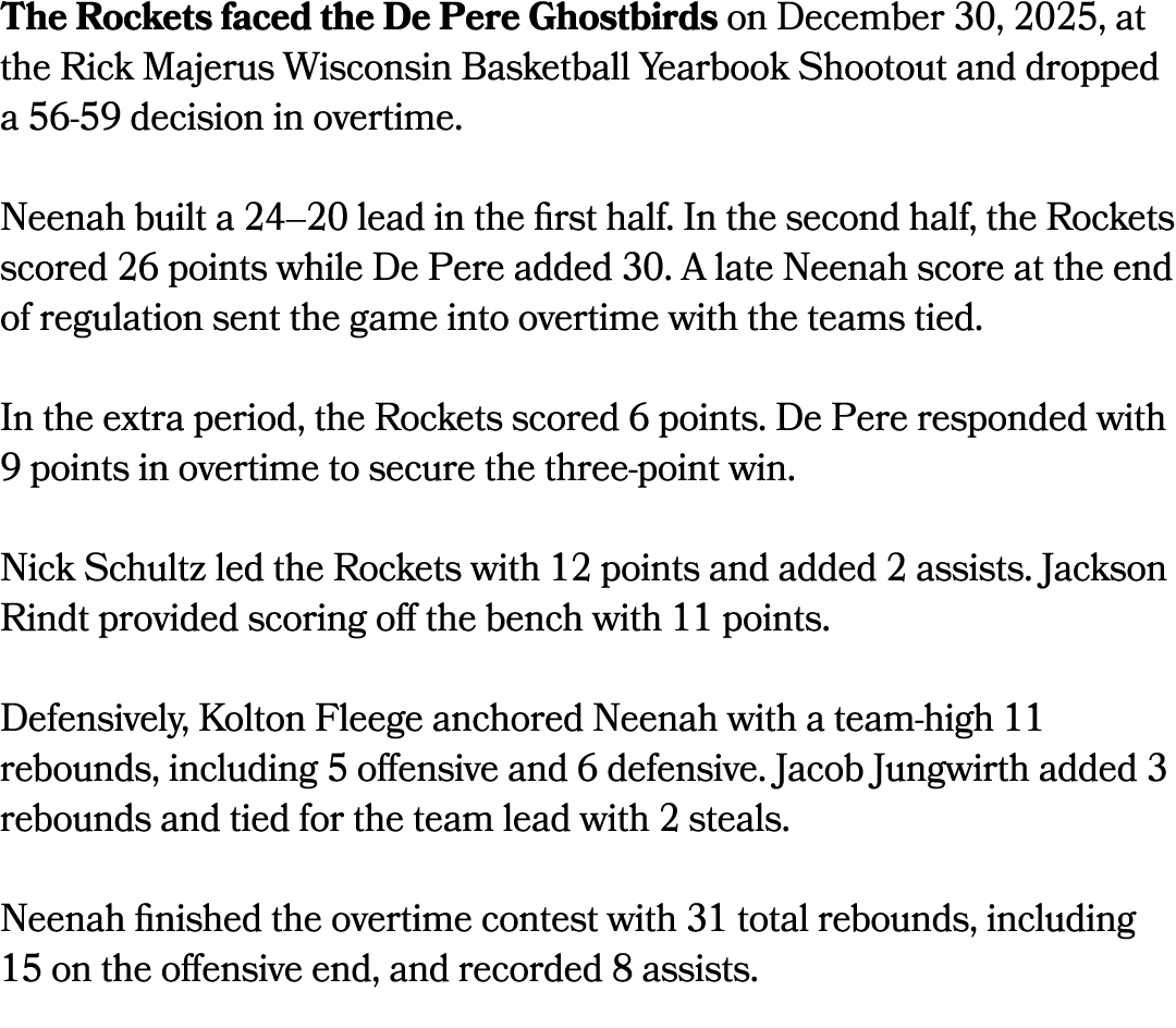 The Rockets faced the De Pere Ghostbirds on December 30, 2025, at the Rick Majerus Wisconsin Basketball Yearbook Shoo...