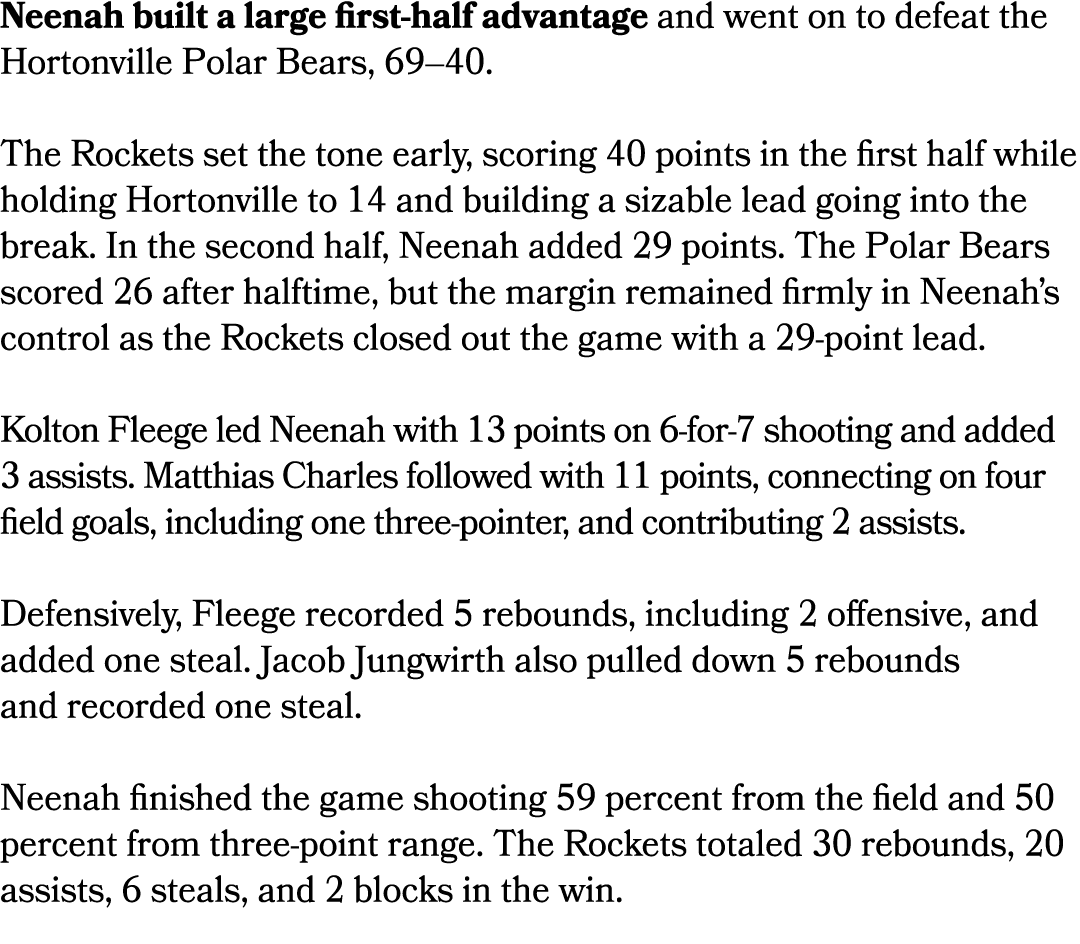 Neenah built a large first half advantage and went on to defeat the Hortonville Polar Bears, 69–40. The Rockets set t...