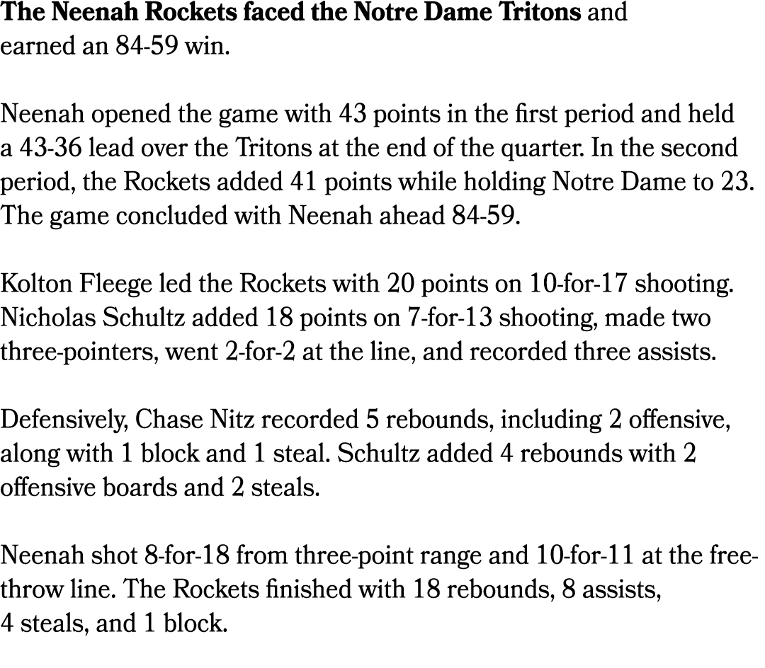 The Neenah Rockets faced the Notre Dame Tritons and earned an 84 59 win. Neenah opened the game with 43 points in the...