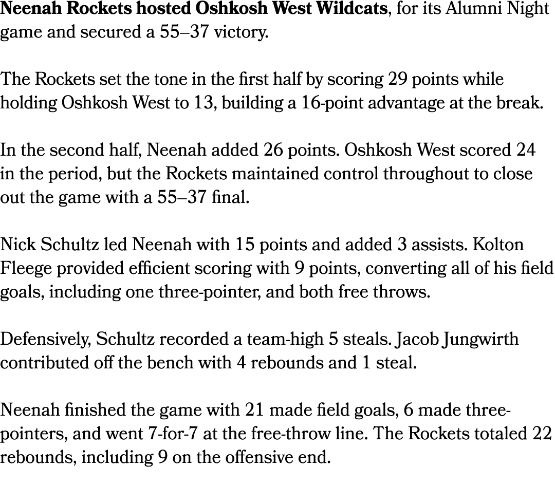 Neenah Rockets hosted Oshkosh West Wildcats, for its Alumni Night game and secured a 55–37 victory. The Rockets set t...