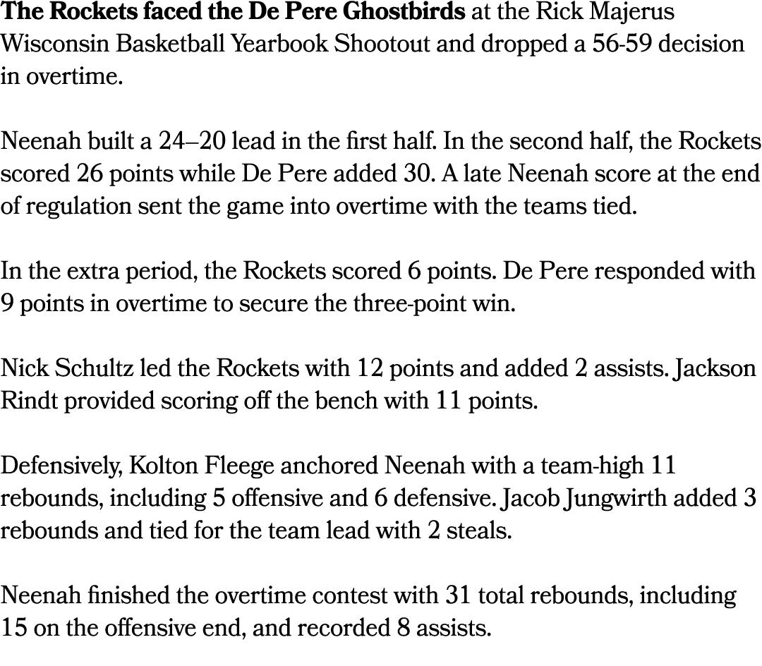 The Rockets faced the De Pere Ghostbirds at the Rick Majerus Wisconsin Basketball Yearbook Shootout and dropped a 56 ...